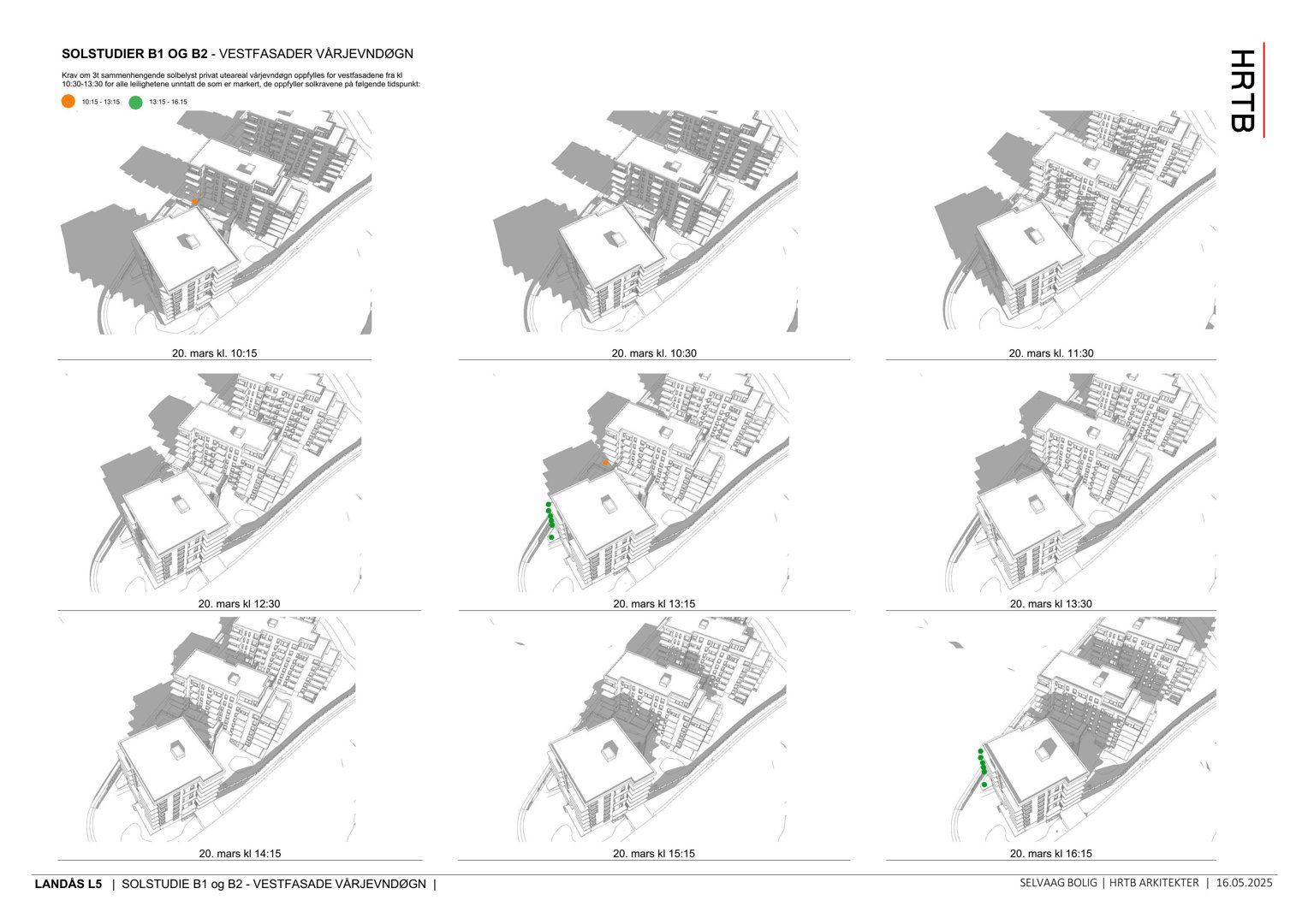En serie med 3D-visualiseringer (renderinger) av bygningenes vestfaser, som viser solforholdene på ulike tidspunkt.