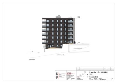 Fasadetegning av bygning sett fra øst, med høydemål og parkeringskjeller