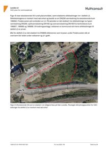 Et flyfoto eller kart som viser eksisterende VA-ledninger (vann og avløp) rundt et planområde, markert med røde streker og sirkler.