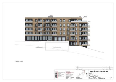 Fasadetegning av bygning sett fra vest med høydeangivelser og parkeringskjeller.