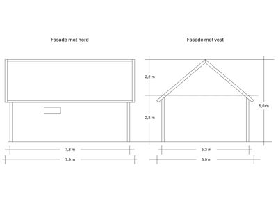 Fasadetegning som viser bygningens utseende sett fra nord og vest med mål.