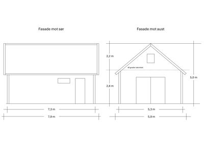 Tegning som viser fasade mot sør og fasade mot aust med mål og takvinkel.