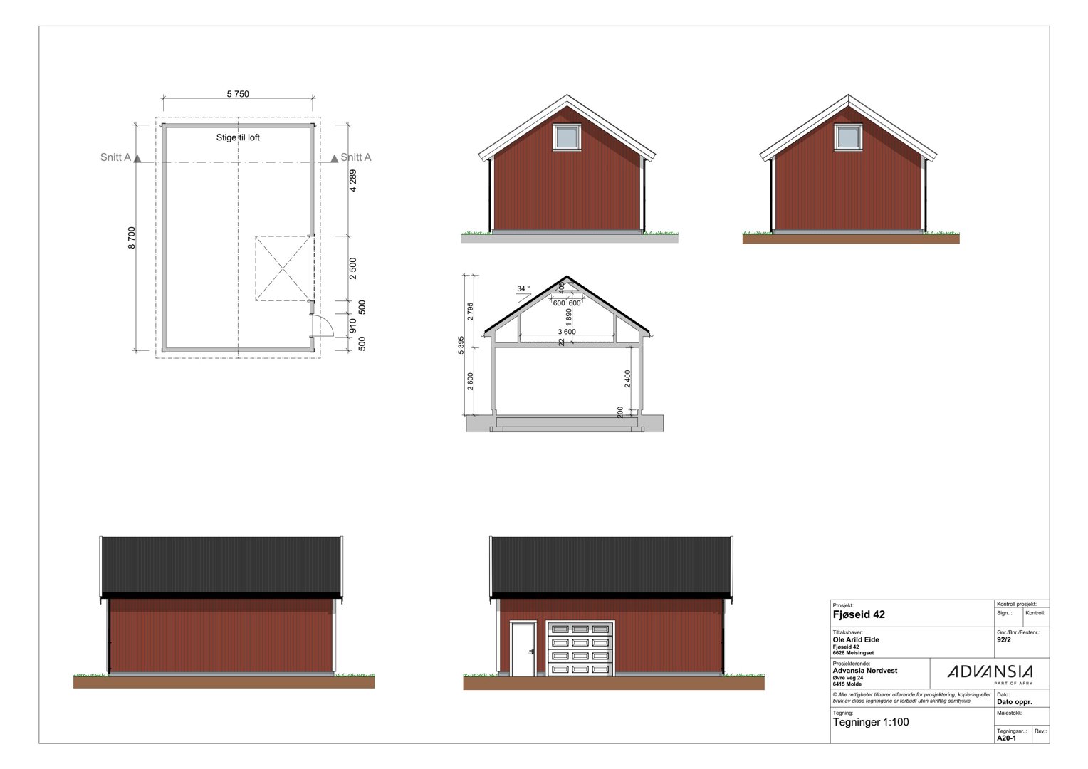 Fasadetegning som viser bygningens utseende fra ulike vinkler (front, side og snitt), inkludert mål og detaljer.