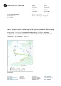 Situasjonsplan som viser en planlagt tilkomstveg (grønn linje) på en tomt (Ullensvang 212/4) i forhold til eksisterende infrastruktur og natur. Planen er en del av en dispensasjonssak.