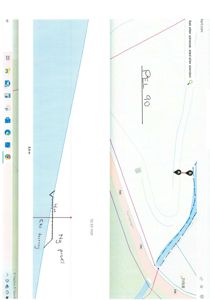 Situasjonsplan med topografi, vei (Finnbøvegen), vannløp og håndskrevne notater om høyde (PEL 90) og profilering.