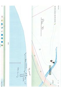 Kartutsnitt (Google Maps) som viser et område med vassdrag (Fjellvannet), høydemarkører (f.eks. 350, 352) og håndskrevne notater om 'Ny grøft' og 'Eks. terreng'.