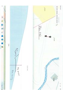 Situasjonsplan med topografiske detaljer, høydemålinger (f.eks. 212/3, 215/9), en elv eller bekke, og håndskrevne notater om 'Ny profil' og 'Eks. terrenng'.