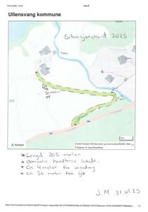 Situasjonskart over Ullensvang kommune som viser en planlagt sti (grønn linje) langs Teigelvågen og Fjordavegen, med håndskrevne notater om lengde og vannforhold.