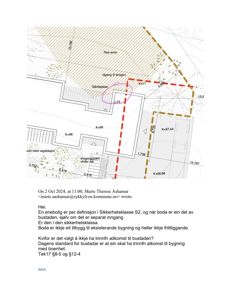 Situasjonsplan som viser bygningens plassering på tomten, høydemål (K+68, K+69), tilgang til skogen, og en markert grense (rød strek) med en sirkel rundt et punkt (K+70).