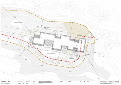 Situasjonsplan som viser bygningens plassering i forhold til tomme, vegger, høydemål og eksisterende beplantning.