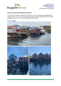 Fotografier av eksisterende sjøhus og nabobebyggelse i Bodø, inkludert en markering (blå sirkel) på et eksempelbygg.