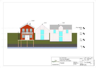 Fasadetegning som viser tre ulike hus sett fra siden, med høydemål og fasadenummering.