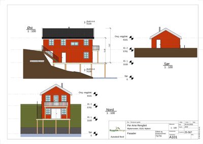 Fasadetegning som viser bygningens utseende fra fire sider (Øst, Sør, Vest og Nord) med mål og nivåer.