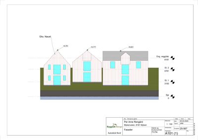 Fasadetegning (opprikk) som viser bygningens utseende fra siden, med høydeangivelser og eksisterende naust.