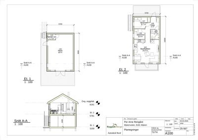 Plantegning som viser romfordeling og etasjer for en bolig (Et. 1 og Et. 2), samt et snitt (Snitt A-A) som viser høyder og takkonstruksjon.