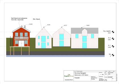 Fasadetegning som viser oppriss av fire hus med høydemål, vindusforhold og takform.