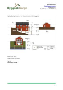 Fasadetegning som viser et nytt fasadeslag for en bebyggelse, med oppriss fra flere vinkler (Ost, Sør, Nord) og detaljer om høyder og materialer.