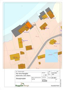 Situasjonsplan som viser tomtene, bygninger og veier i området Myrkeveien 71/74.