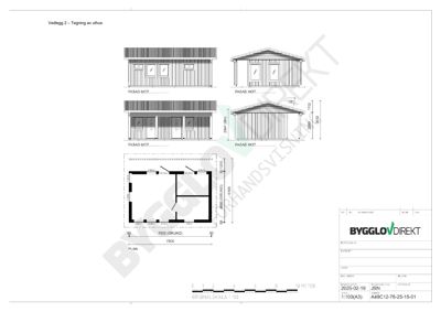 Bildet viser en tegning med både etasjeplan (PLAN) og fasadetegninger for en uthus.
