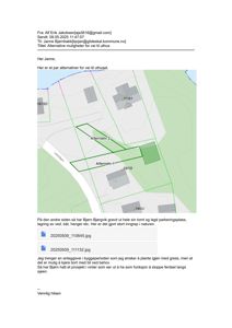 Et kart som viser to alternative ruter (Alternativ 1 og Alternativ 2) for vei til et uthus, med omgivende tomt og natur.