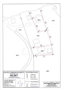 Grensekart over eiendommen 'GILSET' i Gildeskål kommune, som viser eiendomsgrenser, punktmerker og naboeiendommer.