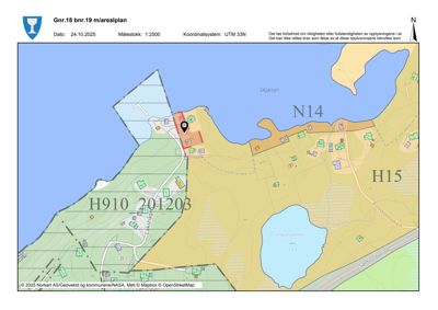 Kommunalt matrikkelkart (m/arealplan) som viser eiendomsgrenser, vegnett og nabolag.