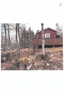 Fotografi av en rød hytte med veranda, sett fra bakken i et skogsmil.