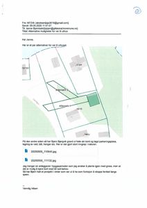 Situasjonsplan som viser to alternativer for veiutbygging (Alternativ 1 og Alternativ 2) på en tomt, med angivelse av nabotomter og eksisterende bebyggelse.