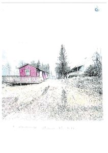 Fotografi av en eksisterende bygning (rød hytte) og nabolag.