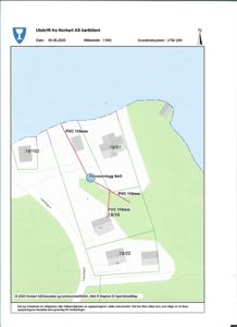 Situasjonsplan som viser tomtens grenser, bygningers plassering (18/61, 18/62, 18/19, 18/22), infrastruktur (renseanlegg, PVC-rør) og veier.