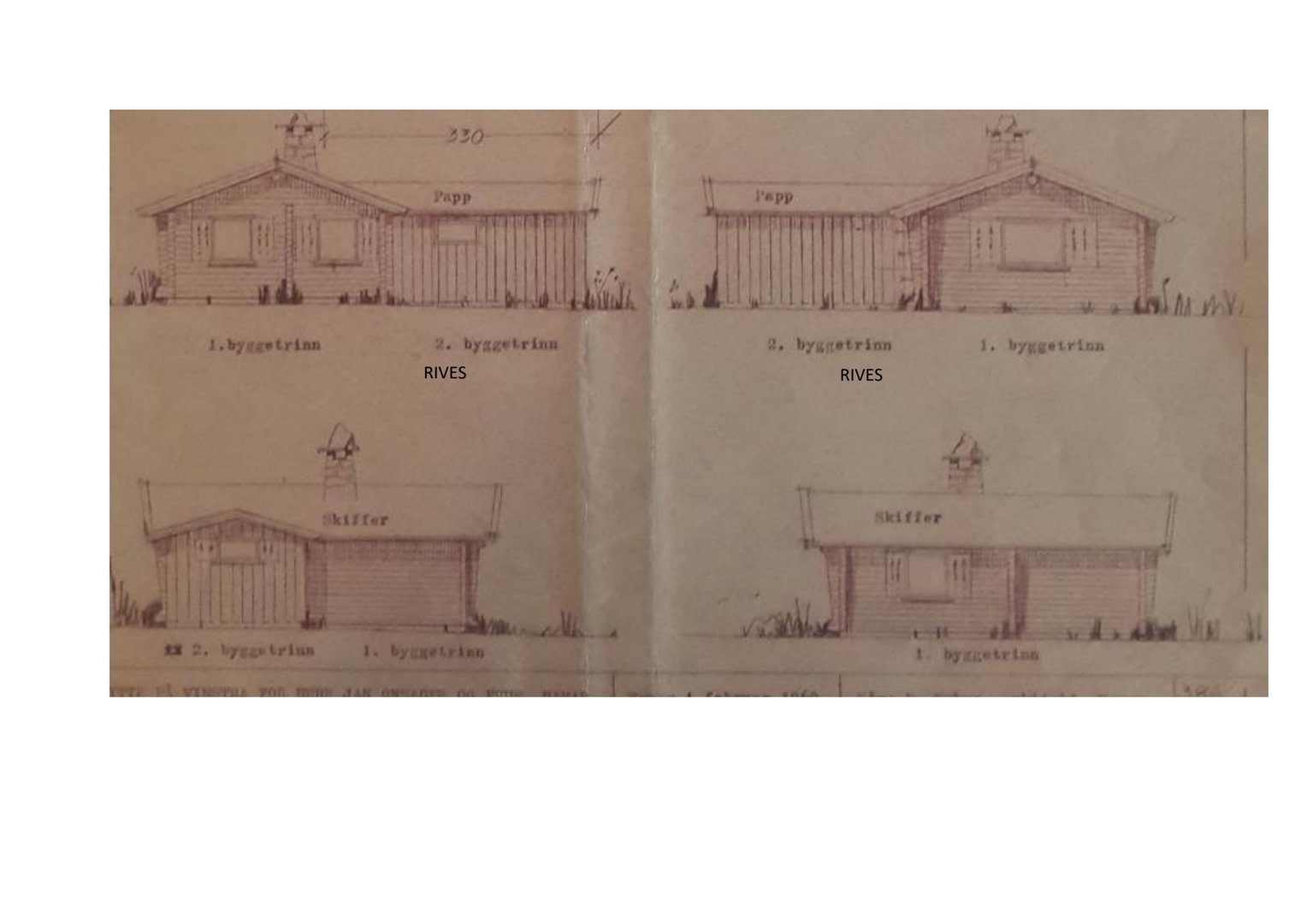 Fasadetegning som viser oppriss av en bygning sett fra utsiden, med merking av byggetrinn og takkonstruksjon.