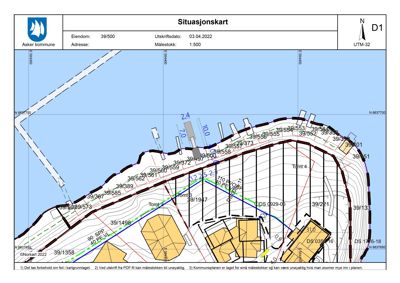 Situasjonskart som viser eiendomsgrenser, tomteavdelinger (Tomt 4, Tomt 5), høydeforhold (konturlinjer) og naboeiendommer i Asker kommune.