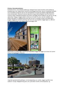 Fotografi av et mobilbygg (GreenCube) med tekst om erfaring og etterutdannelseskurs.