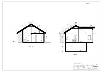 Snittegning (SNITT AA og SNITT BB) som viser tverrsnitt gjennom huset med mål, takform og romoppdeling.