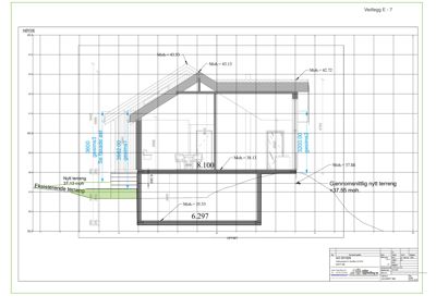 Snittegning som viser tverrsnitt gjennom en bygning med angitte høyder, terrengforhold og konstruksjonsdetaljer.