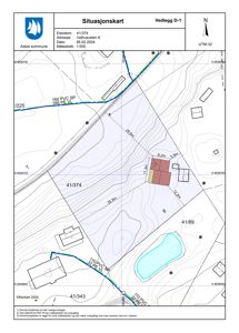Situasjonskart som viser eiendommen 41/374 med omgivende tomter, topografi og infrastruktur.