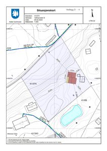 Situasjonskart som viser eiendommen 41/374 med bygning, vann og nabolag.