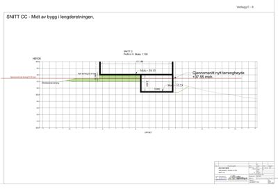 Snittegning (SNITT CC) som viser tverrsnitt gjennom bygningen med høydeprofil, terrengforhold og konstruksjonsnivåer.