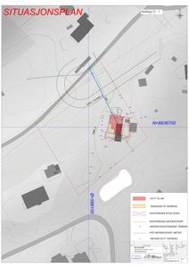 Situasjonsplan som viser tomtens form, høydemålinger (høydekurver), eksisterende og nytt bygg, samt terrengform.