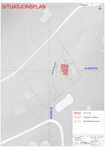 Situasjonsplan som viser tomtens grenser, høydemålerlinjer, eksisterende og nytt tiltak, samt nabolag.