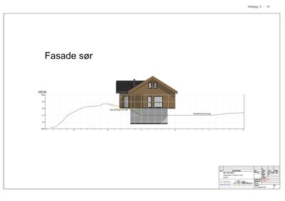Fasadetegning som viser oppriss av bygningens sørfasade med høydeprofil og terrengforhold.