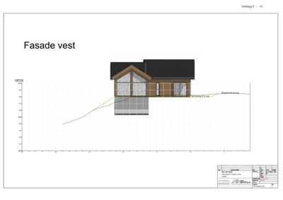 Fasadetegning (opprikk) av bygningens vestside med høydeangivelser og konstruksjonsdetaljer.