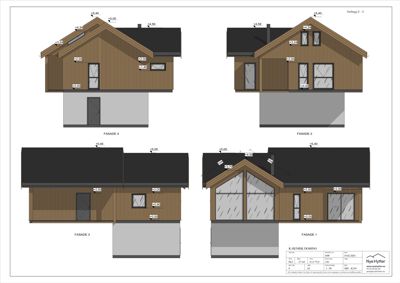 Fasadetegning som viser fire sider av en bygning (Fasade 1-4) med detaljer om vinduer, dører og takform.