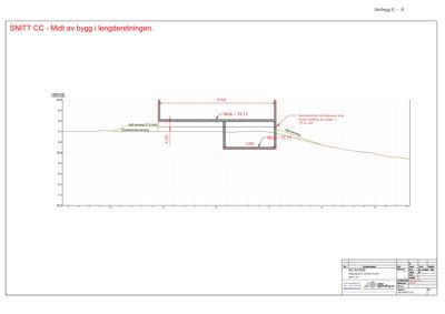 Snittegning (SNITT CC) som viser bygningens høydeprofil og grunnplan i lengderetningen.