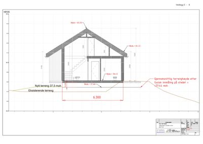 Snittegning som viser bygningens tverrsnitt, høyder (moh.), terrengforhold og innvendig oppdeling.