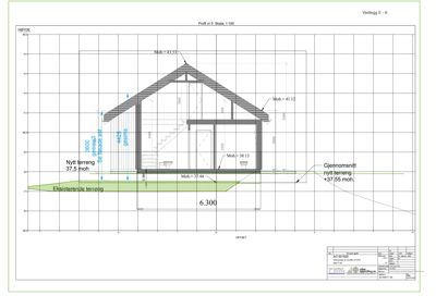 Snittegning (Profil nr 5) som viser bygningens høydeprofil, terrengforhold og konstruksjon.