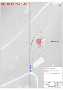 Situasjonsplan som viser tomtens form, omgivende terreng (konturlinjer), eksisterende og nytt tiltak, samt koordinater.
