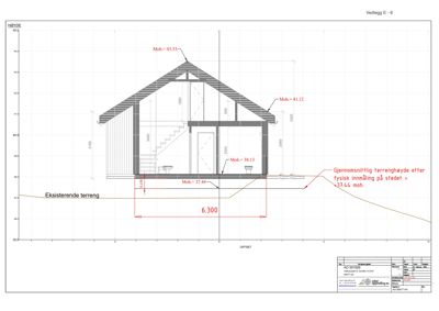 Snittegning som viser bygningens tverrsnitt, høyder (moh.), terrengforhold og konstruksjon.