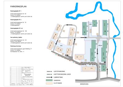 Situasjonsplan som viser parkeringsanlegg (kjellere og terreng) i forhold til bygningene BT1-BT4 og omgivelsene.