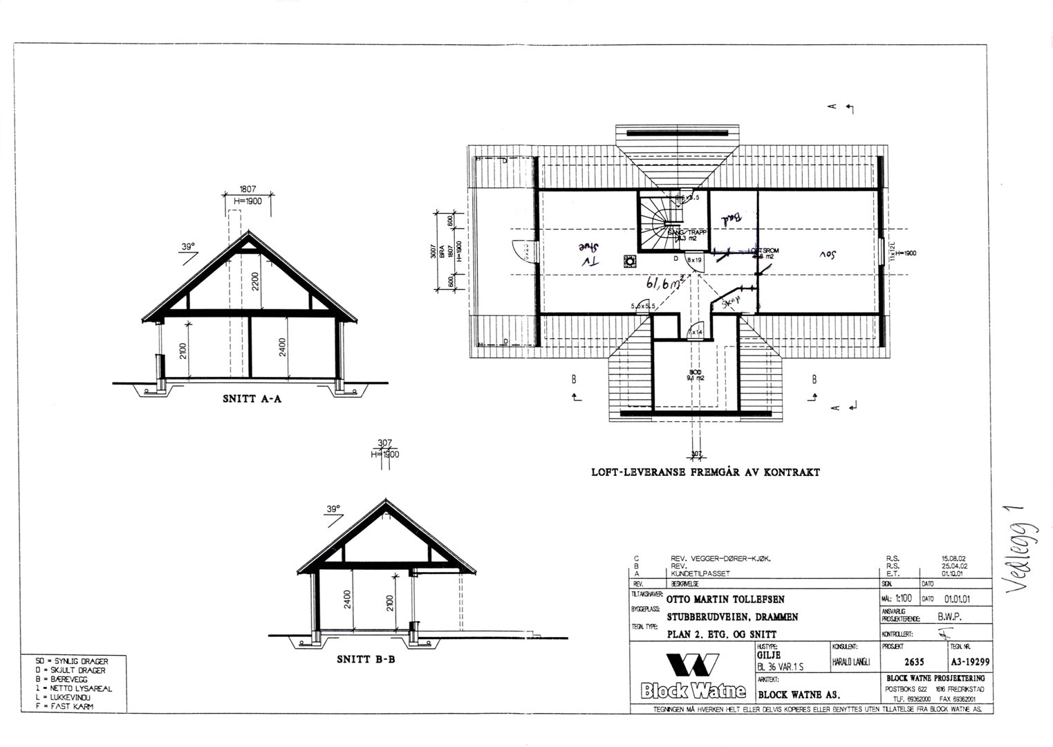 Snittegning (SNITT A-A og SNITT B-B) av en bygning med fasade og etasjeplan.